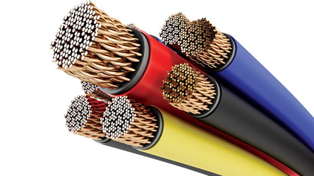 The interior of multiple cables that each have a different color of sheath