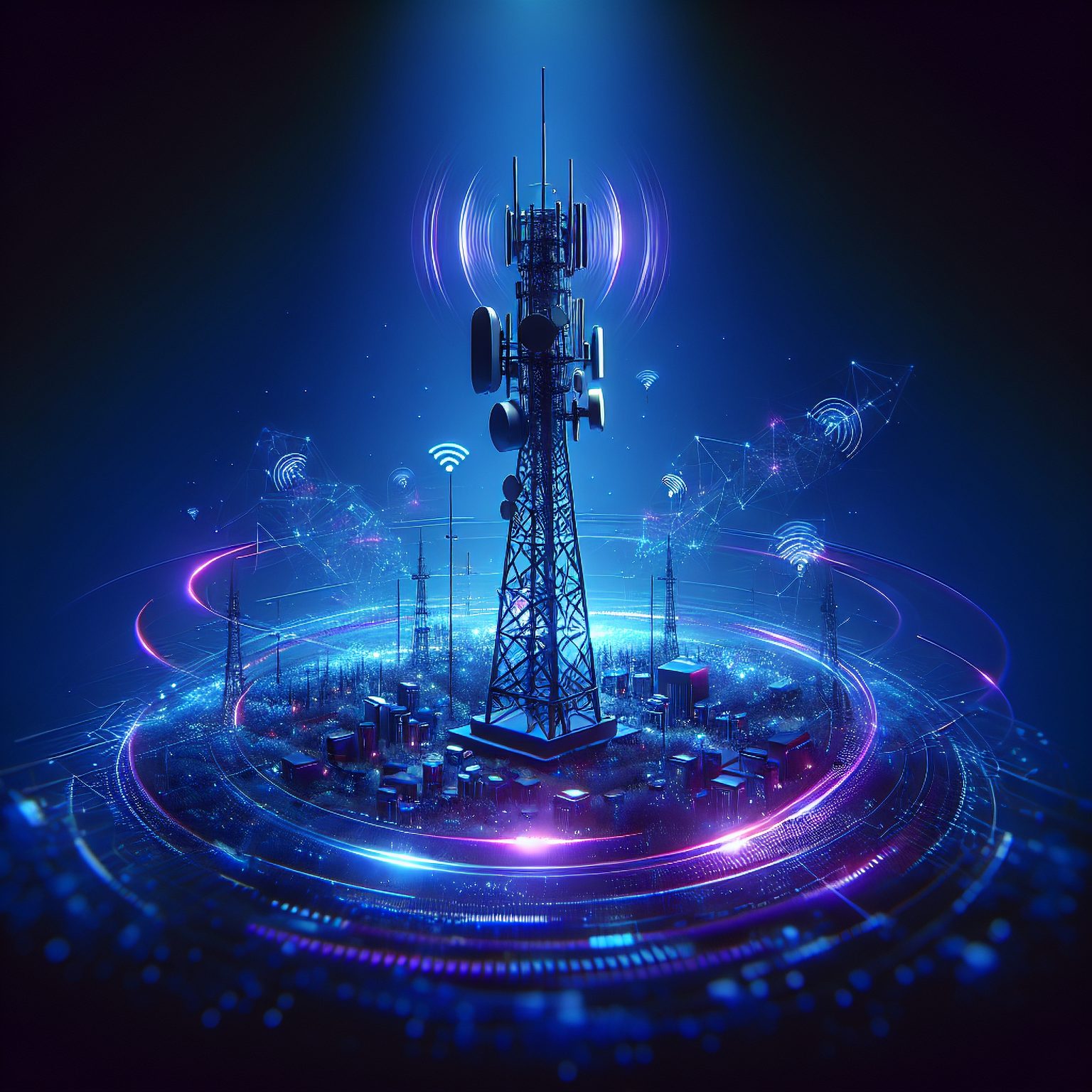 Futuristic wireless communication tower glowing with blue and purple signal waves, surrounded by a digital cityscape and network icons.