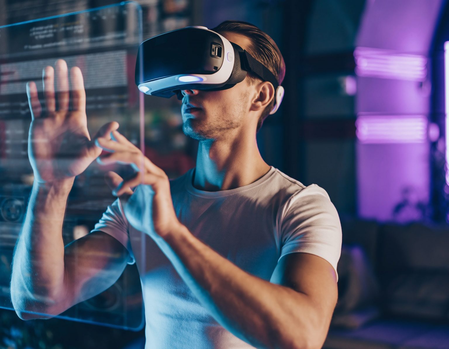 Person wearing a VR headset interacting with a virtual interface using hand gestures.