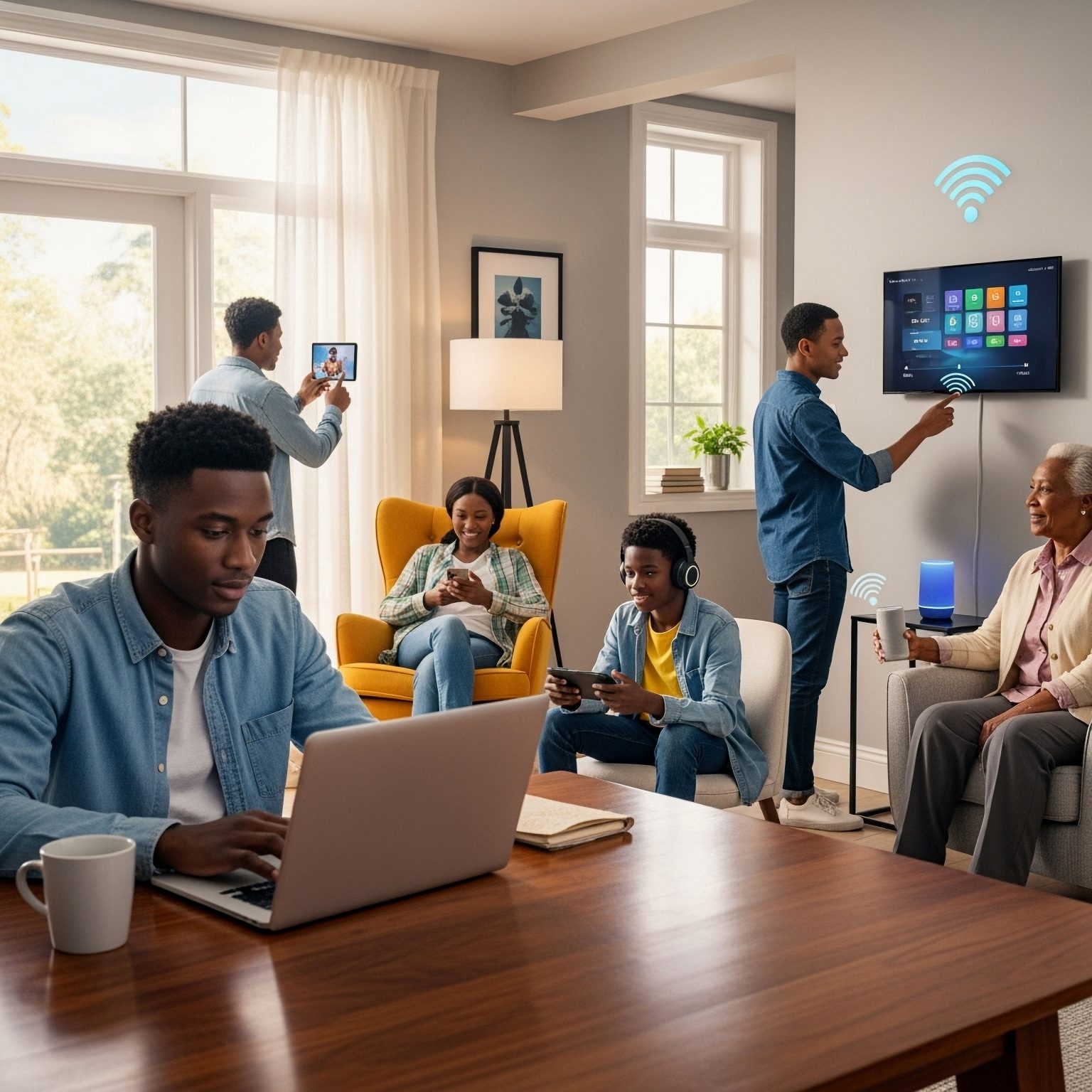 A multigenerational family using laptops, tablets, and smart home devices together in a bright living room.