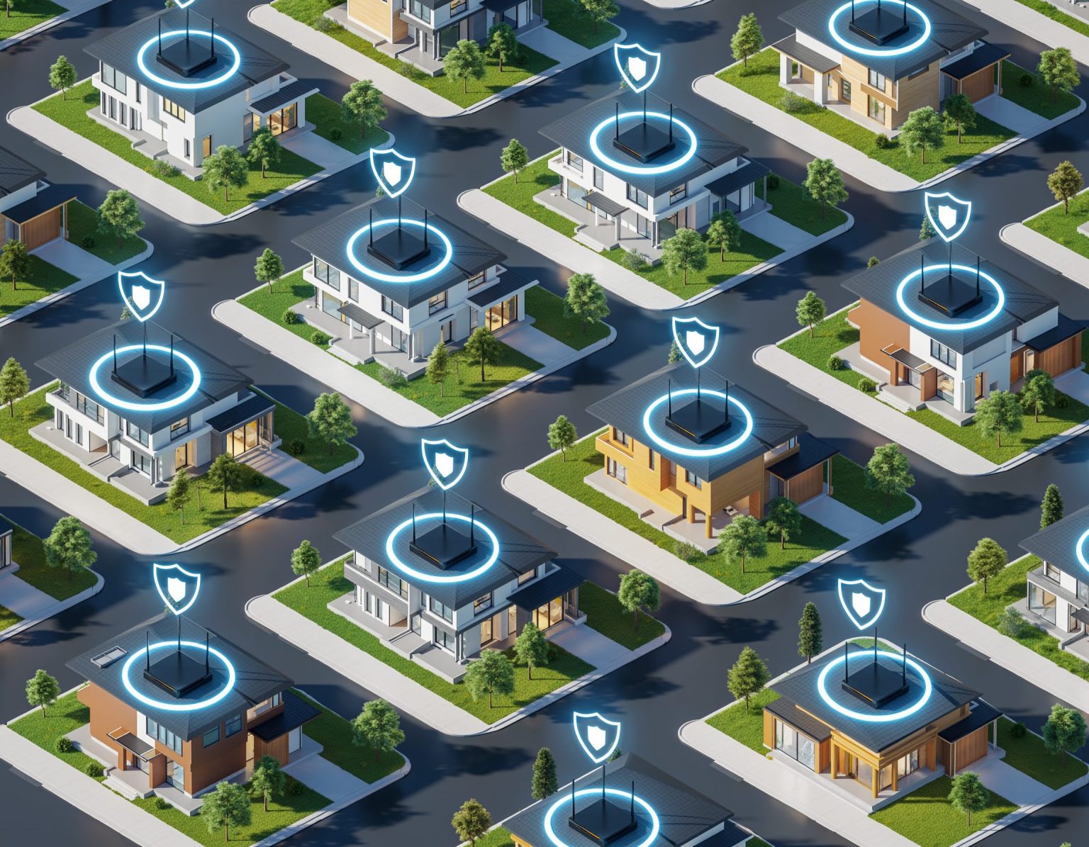 Aerial illustration of a residential neighborhood with shield icons over each home, representing secure, protected home networks.