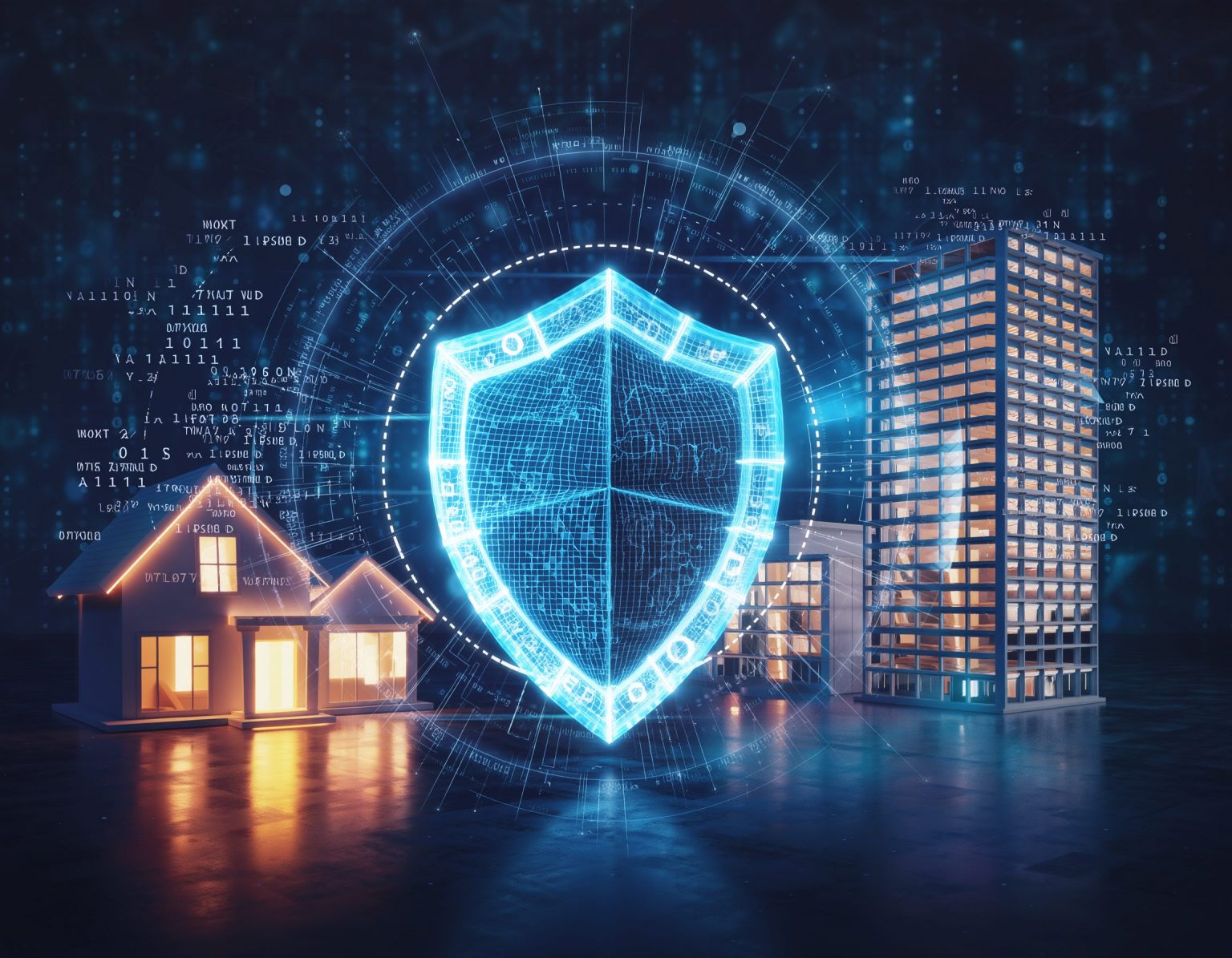 Digital illustration of a glowing shield protecting a house and office buildings, symbolizing cybersecurity for home and business networks.