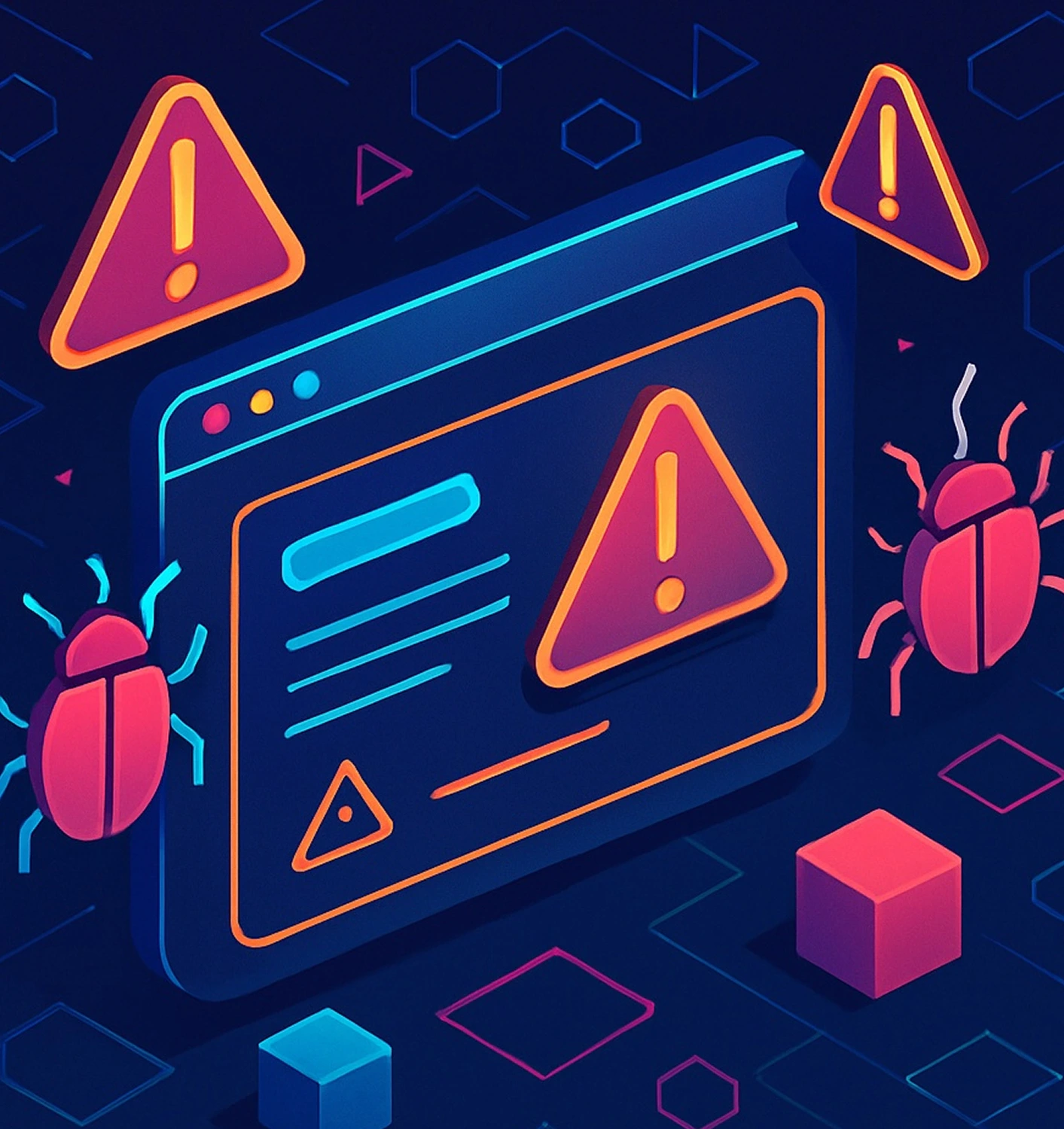 Stylized illustration of a software window with warning icons and bug symbols, representing system errors or cybersecurity threats.
