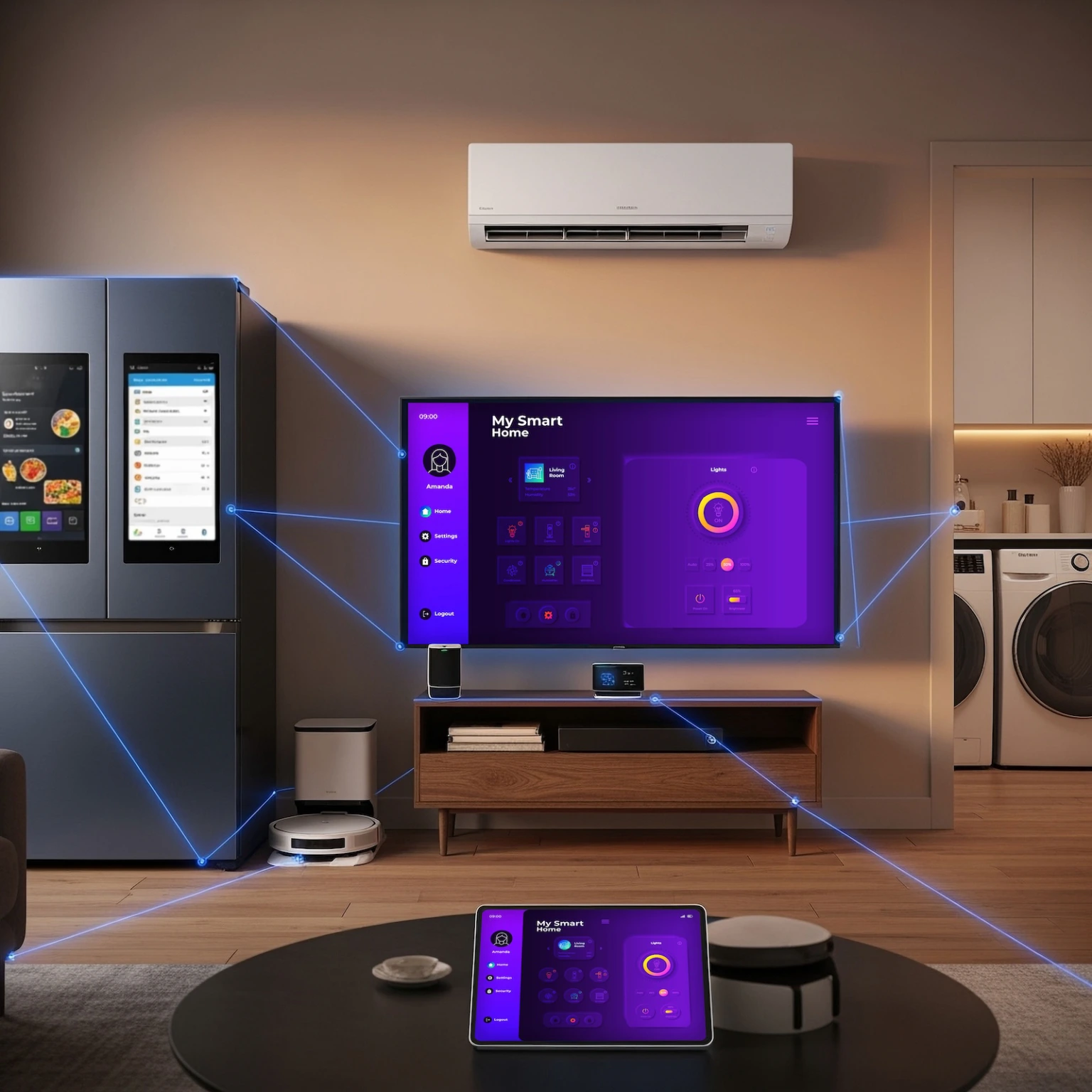 Smart home living room with connected appliances and devices controlled through a central digital dashboard.