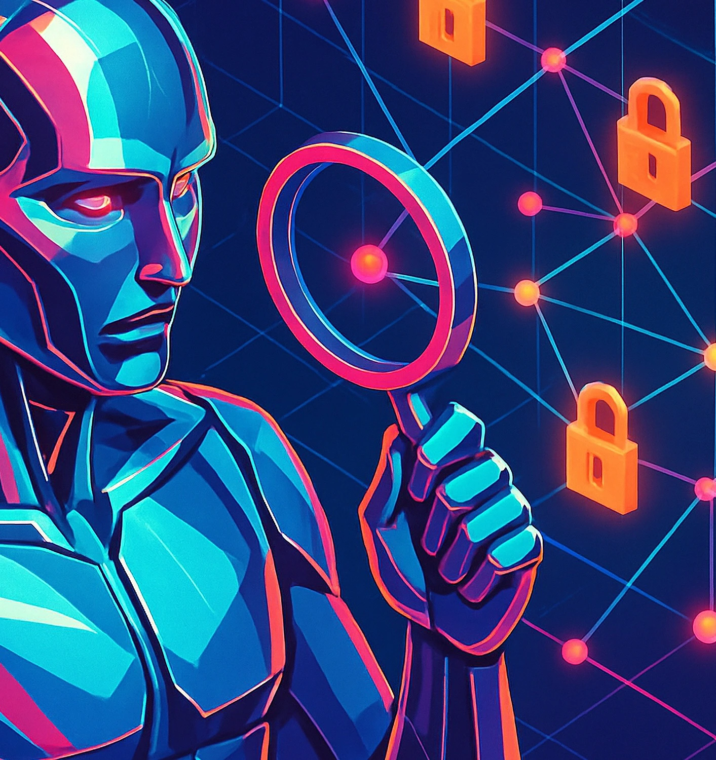 Futuristic figure using a magnifying glass to inspect a digital network with padlock icons, representing cybersecurity.