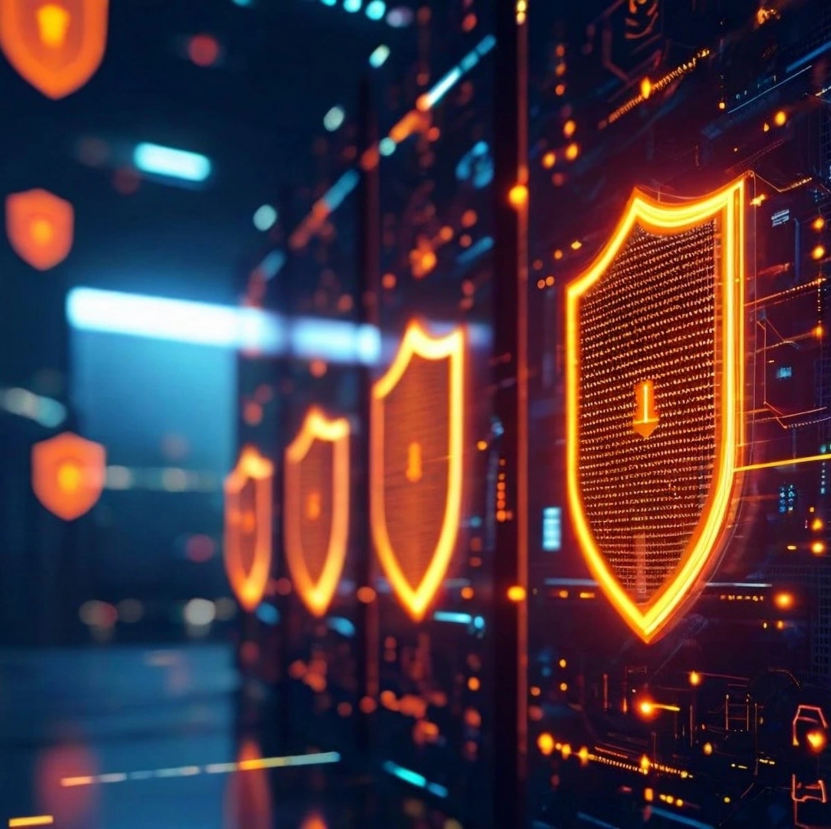 Glowing orange shield icons displayed in a row on futuristic server racks, representing cybersecurity, data protection, and network security.