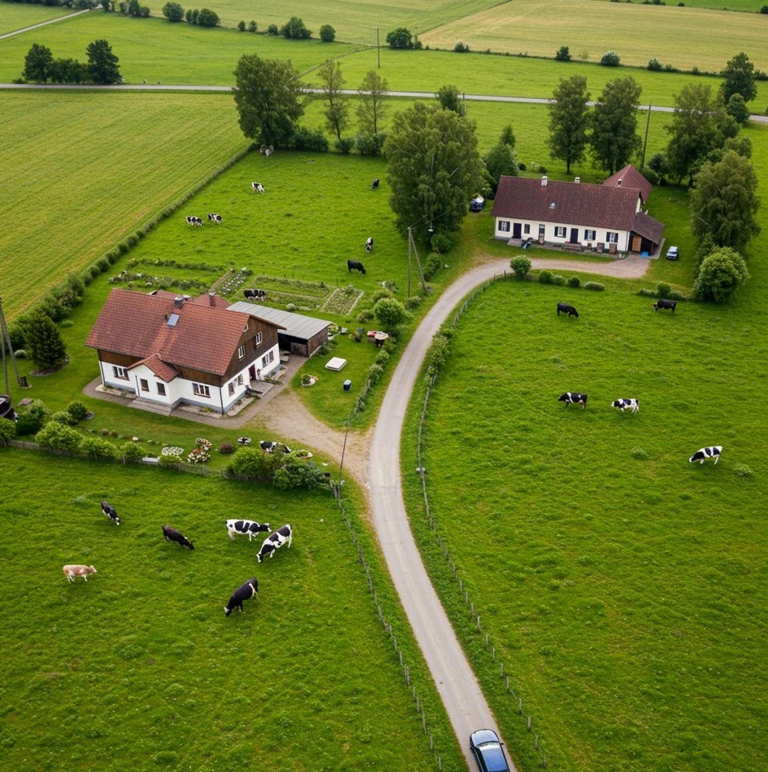 Aerial view of a rural farm with houses, grazing cows, and green fields.