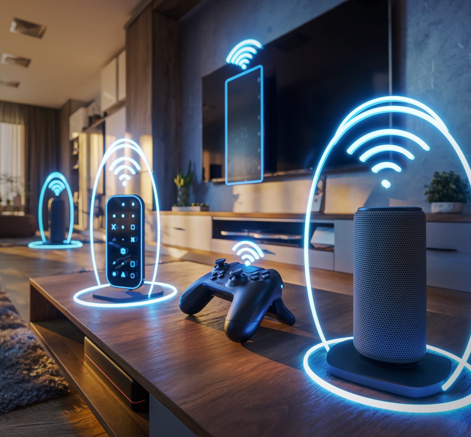 Smart home devices on a living room console with glowing Wi-Fi connection icons.